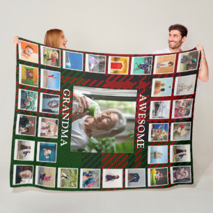 Awesome Grandma Photo Collage Black Red Tartan Fleece Blanket