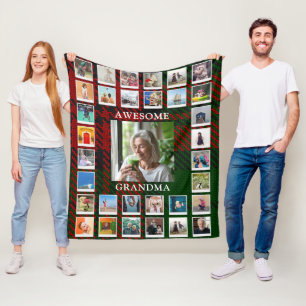 Awesome Grandma Photo Collage Black Red Tartan Fleece Blanket