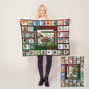 Awesome Grandma Photo Collage Black Red Tartan Fleece Blanket