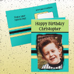 Awesome Grandson add photo turquoise birthday Card<br><div class="desc">For an awesome Grandson birthday greeting card.
This card is sure to put a smile on his face and make him feel special.
just add your personalized message inside and replace the photo with your own.
Colour scheme is yellow,  green and turquoise.</div>