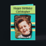Awesome Grandson add photo turquoise birthday Card<br><div class="desc">For an awesome Grandson birthday greeting card.
This card is sure to put a smile on his face and make him feel special.
just add your personalized message inside and replace the photo with your own.
Colour scheme is yellow,  green and turquoise.</div>