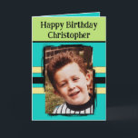 Awesome Grandson add photo turquoise birthday Card<br><div class="desc">For an awesome Grandson birthday greeting card.
This card is sure to put a smile on his face and make him feel special.
just add your personalized message inside and replace the photo with your own.
Colour scheme is yellow,  green and turquoise.</div>