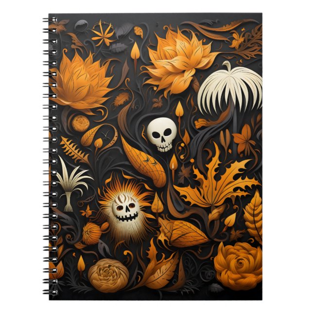 Awesome Halloween Pattern Flowers And White Skull Notebook (Front)