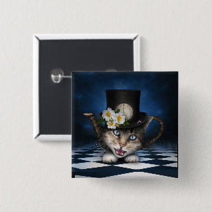 Awesome Mad Hatter Teapot Cat Whimsical Design 2 Inch Square Button