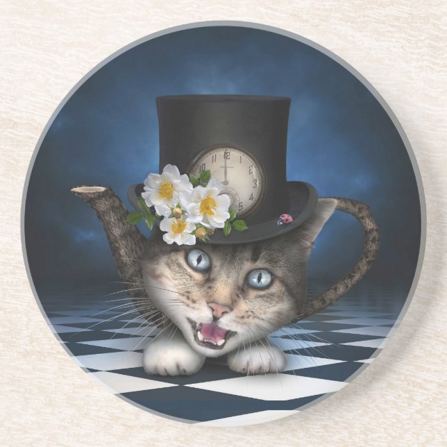 Awesome Mad Hatter Teapot Cat Whimsical Design Coaster (Front)