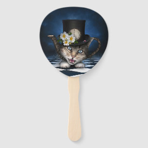 Awesome Mad Hatter Teapot Cat Whimsical Design Hand Fan