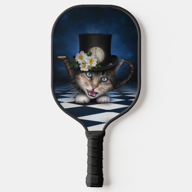 Awesome Mad Hatter Teapot Cat Whimsical Design Pickleball Paddle (Back)