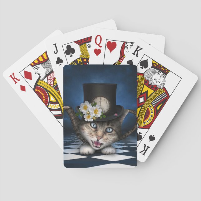 Awesome Mad Hatter Teapot Cat Whimsical Design Playing Cards (Back)