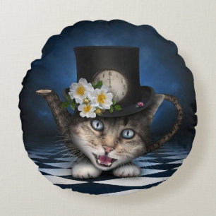 Awesome Mad Hatter Teapot Cat Whimsical Design Round Pillow