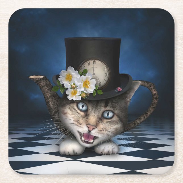 Awesome Mad Hatter Teapot Cat Whimsical Design Square Paper Coaster (Front)
