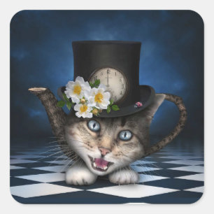 Awesome Mad Hatter Teapot Cat Whimsical Design Square Sticker
