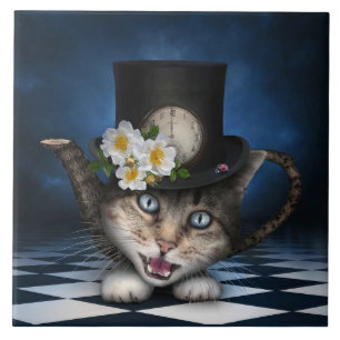 Awesome Mad Hatter Teapot Cat Whimsical Design Tile