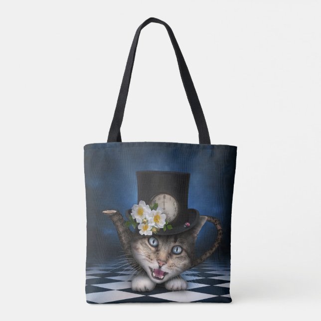 Awesome Mad Hatter Teapot Cat Whimsical Design Tote Bag (Back)