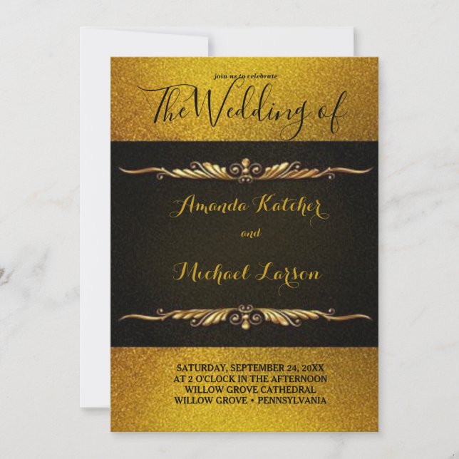 Awesome Magnificent Gold Glitter And Black Invitation (Front)