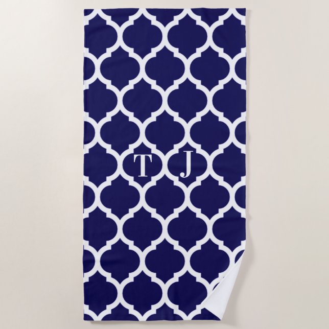 Awesome Navy Blue Quatrefoil Pattern Monogram Beach Towel (Front)