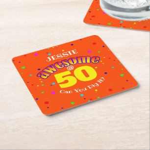 AWESOME Orange 50TH BIRTHDAY Square Paper Coaster