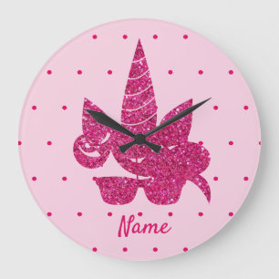 Awesome pink faux glitter cute unicorn sunglasses large clock