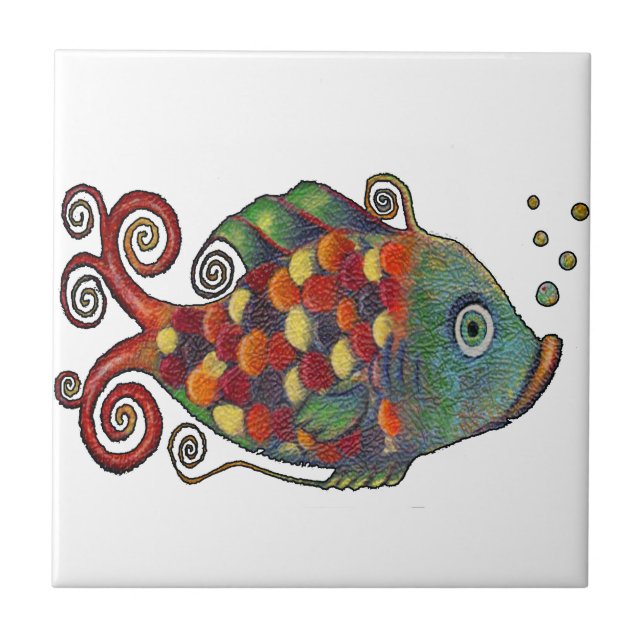 Awesome Rainbow Whimsical Fish Artsy Hippie Cool Tile (Front)
