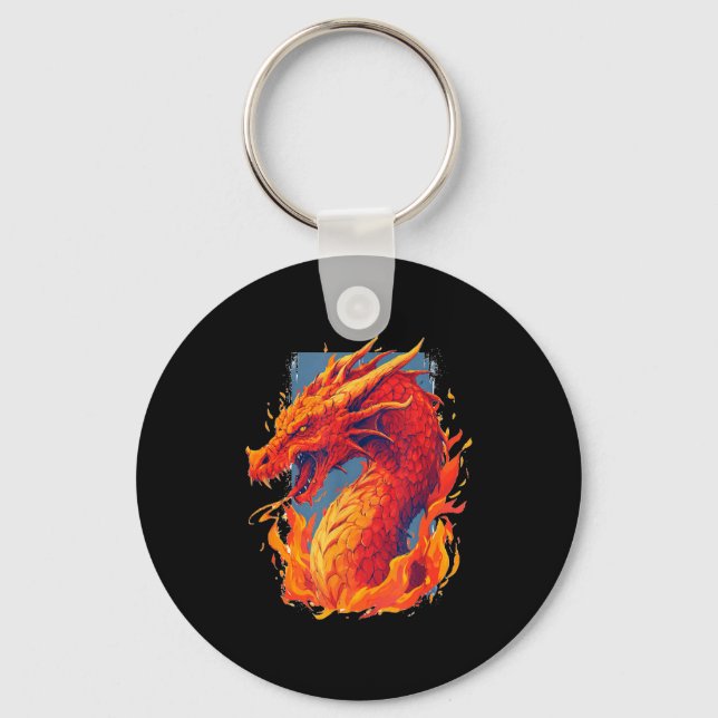 Awesome red fire dragon costume with flames keychain (Front)