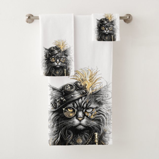 Awesome Steampunk Cat  Bath Towel Set (Insitu)