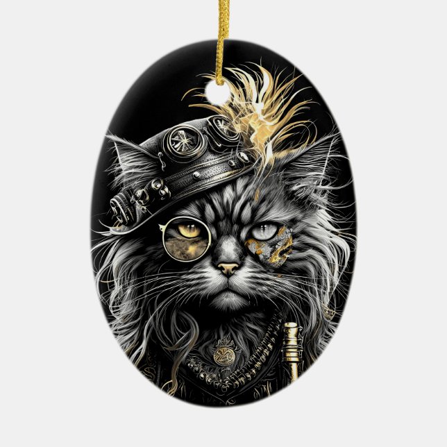 Awesome Steampunk Cat  Ceramic Ornament (Front)