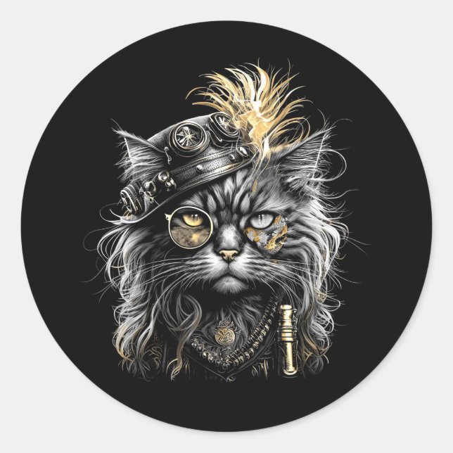 Awesome Steampunk Cat  Classic Round Sticker (Front)