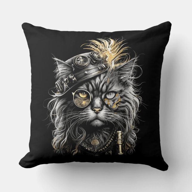 Awesome Steampunk Cat  Throw Pillow (Front)