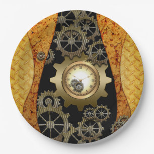 Awesome steampunk design with clocks and gears paper plate
