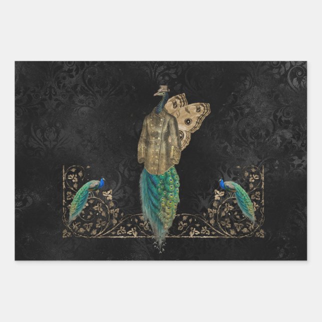Awesome steampunk peacock wrapping paper sheet (Front)