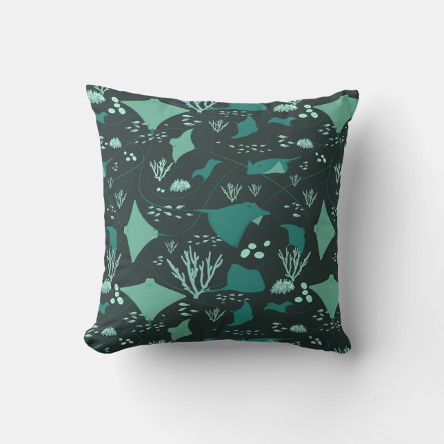 Awesome Stingrays Underwater Black Blue Throw Pillow (Front)