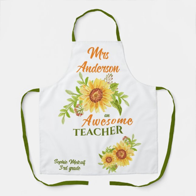 Awesome Teacher Floral Sunflower Apron (Front)