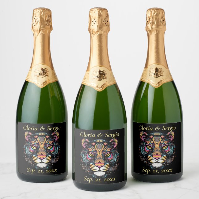 Awesome Tiger Head Names and Date Sparkling Wine Label (Bottles)