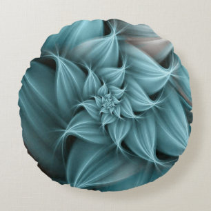 Awesome Turquoise Flower Fractal Round Pillow