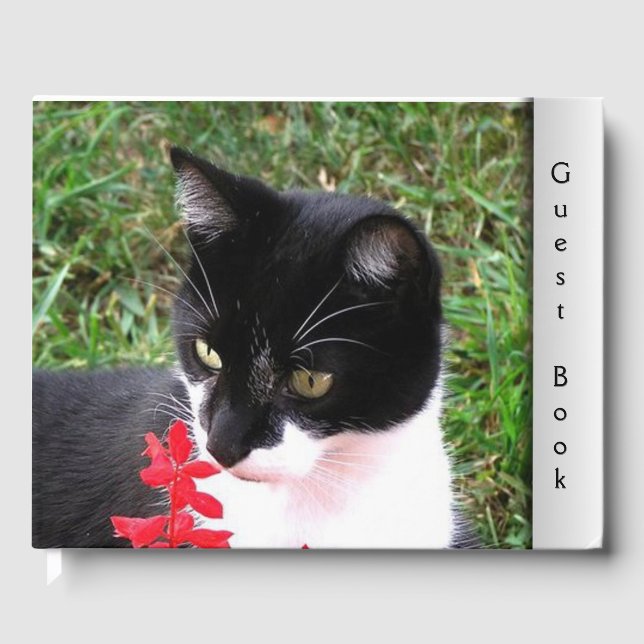 Awesome Tuxedo Cat in Garden Custom Text in Spine Guest Book (Front)