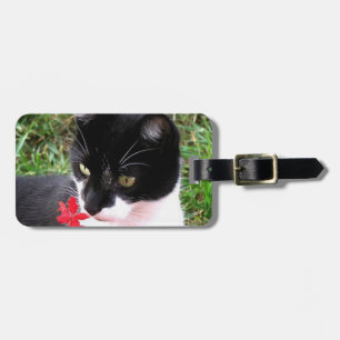Awesome Tuxedo Cat in Garden Luggage Tag