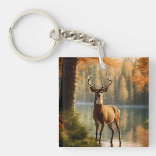 Awesome Twelve Point Buck in Autumn Waters Keychain