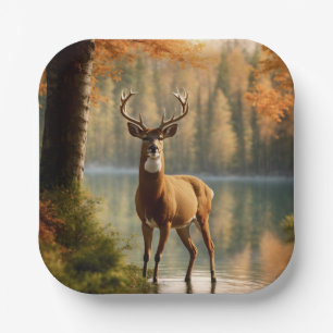 Awesome Twelve Point Buck in Autumn Waters Paper Plate
