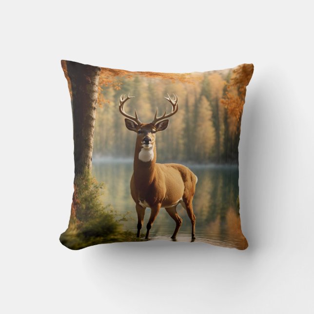 Awesome Twelve Point Buck in Autumn Waters Throw Pillow (Front)