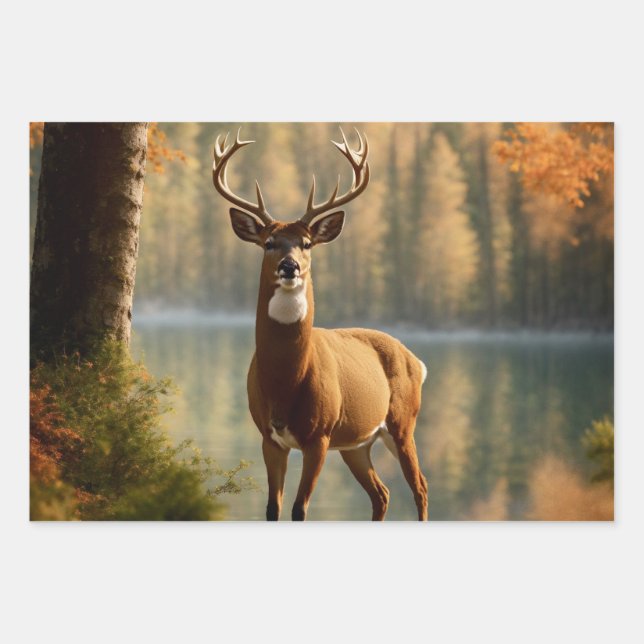 Awesome Twelve Point Buck in Autumn Waters Wrapping Paper Sheet (Front)