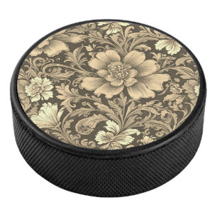 Awesome Vintage Sepia Floral Pattern Hockey Puck