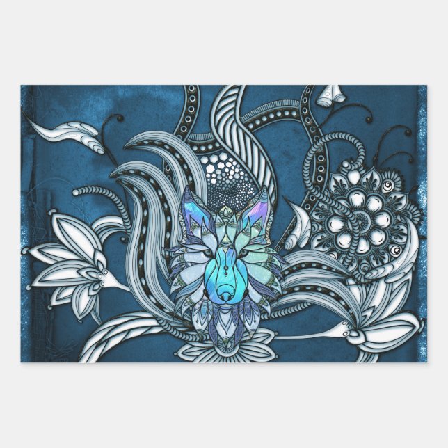 Awesome wolf, lineart design wrapping paper sheet (Front)