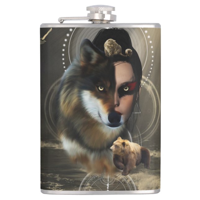 Awesome wolf with fairy hip flask (Front)