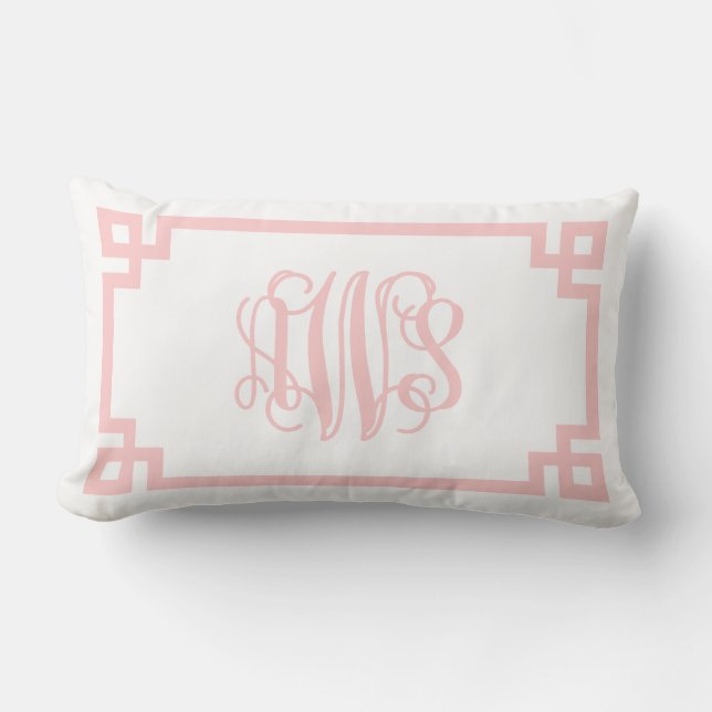 AWS Light Pink Greek Key Script Monogram Lumbar Pillow (Front)