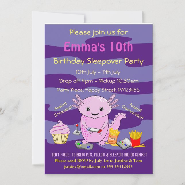 Axalotl Sleepover Party Invitation (Front)
