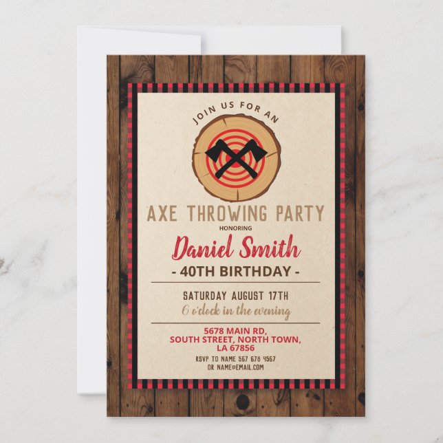 Axe Throwing Birthday Fun Wood Lumberjack Plaid Invitation (Front)