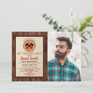 Axe Throwing Birthday Photo Wood Lumberjack Plaid Invitation