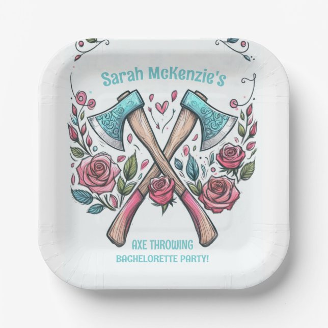 Axes & Roses - Axe Throwing Bachelorette Party Paper Plate (Front)
