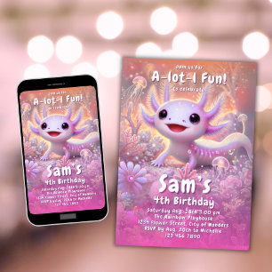 Axolotl Birthday Invitation Girls Pink Axolotl