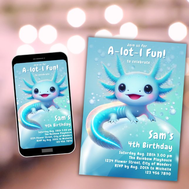 Axolotl Birthday Invitation Neon Boy Axolotl Party (Creator Uploaded)
