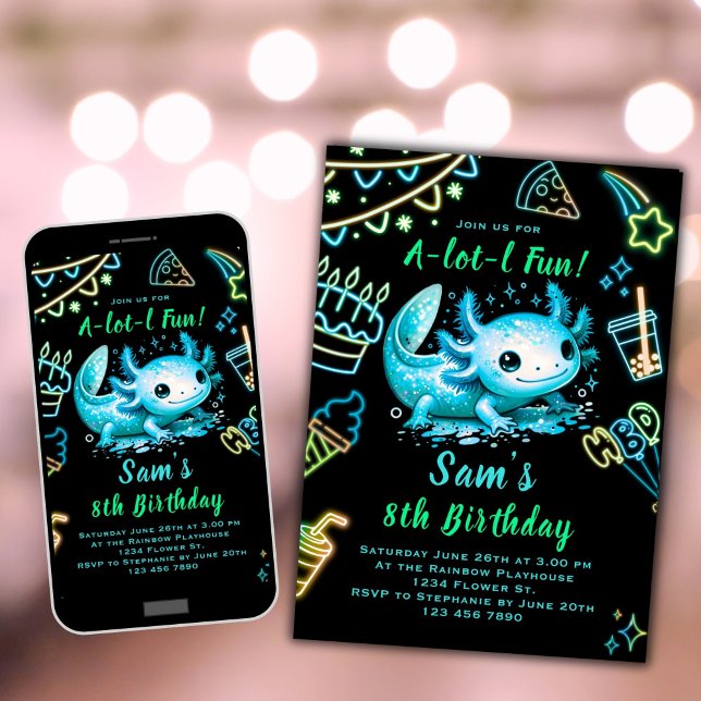 Axolotl Birthday Invitation Neon Boy Axolotl Party (Creator Uploaded)